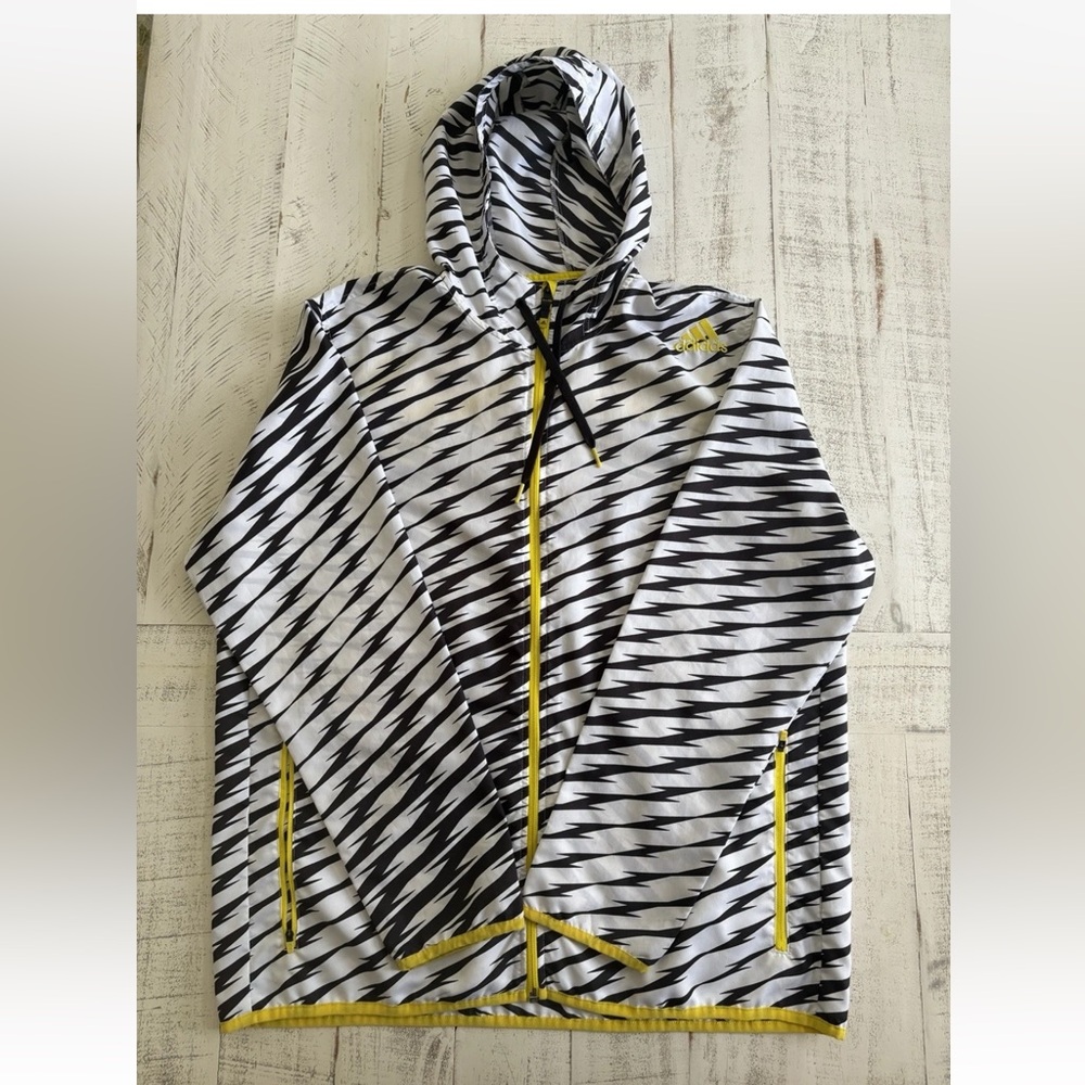 Adidas Black and White Patterned windbreaker Hoodie with Yellow Accents - Picture 1 of 16